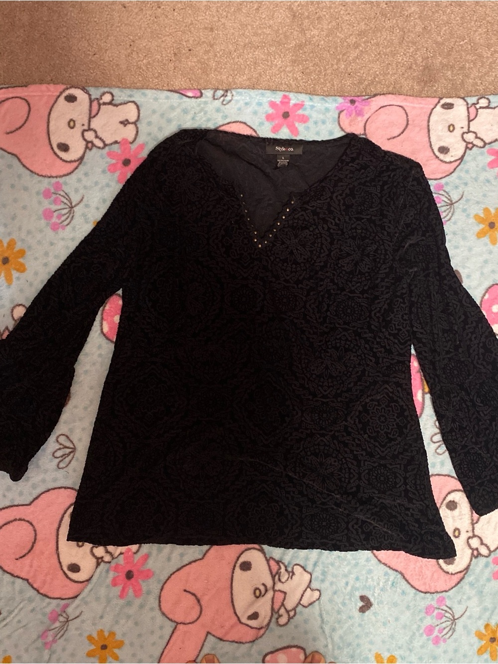 Style & Co. Black Long-Sleeve V-Neck Velvet Top with Stud Detail
